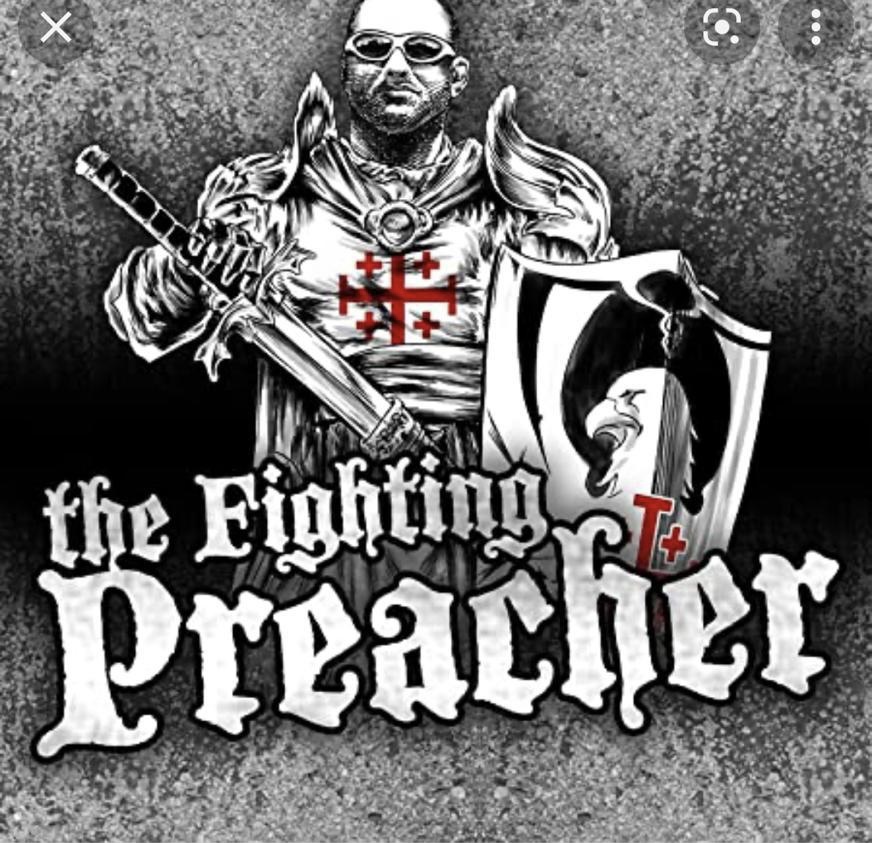 The Fighting Preacher official logo — armored warrior with broadsword, Jerusalem cross, and eagle shield